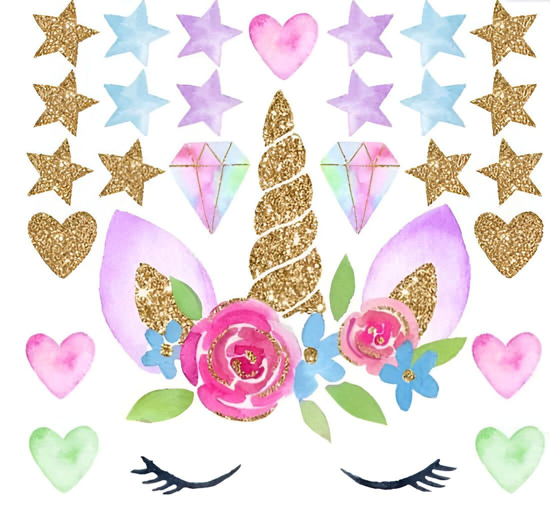 Image d'un motif d'licorne féerique. On peut voir une corne dorée, des oreilles violettes, des fleurs roses et bleues, des diamants roses, des étoiles dorées, bleues et violettes, et des coeurs roses, verts et dorés., 45501134110975 | Licorne Shop