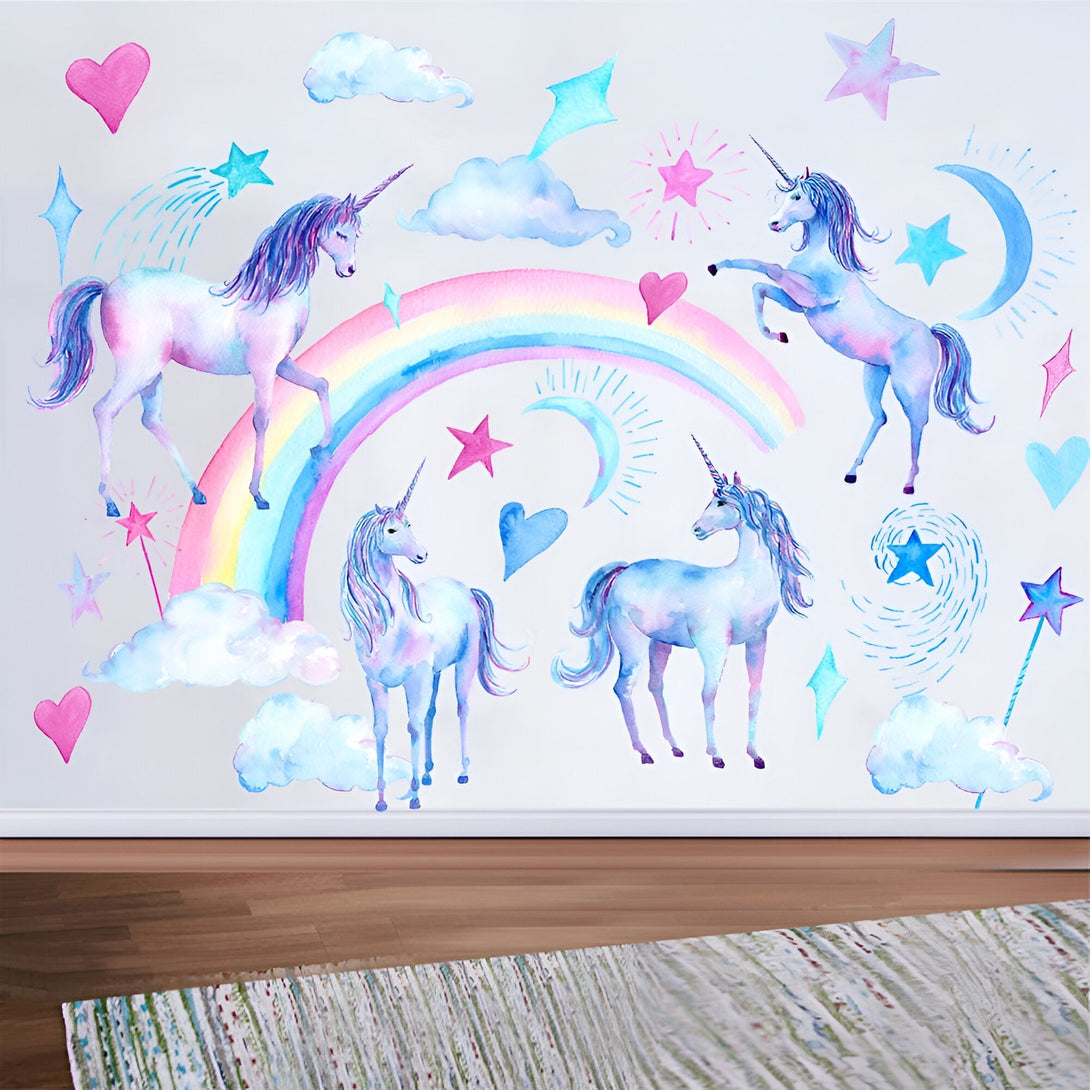 Illustration aquarelle de licornes, arc-en-ciel, étoiles, nuages et cœurs. Décoration murale pour chambre d'enfant, ambiance féérique et douce. Couleurs pastel, bleu, rose, violet. Rêve, magie, conte de fées., 45501135028479 | Licorne Shop