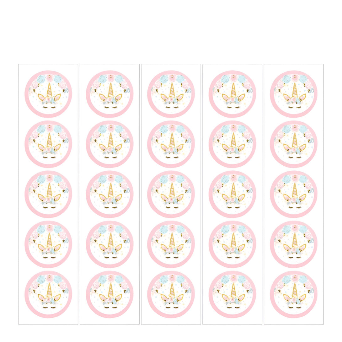 Feuille d'étiquettes rondes avec motif de tête de licorne dorée et fleurs roses et bleues sur fond blanc, bordure rose. Idéal pour décorer des cadeaux ou des gâteaux., 45501361422591 | Licorne Shop
