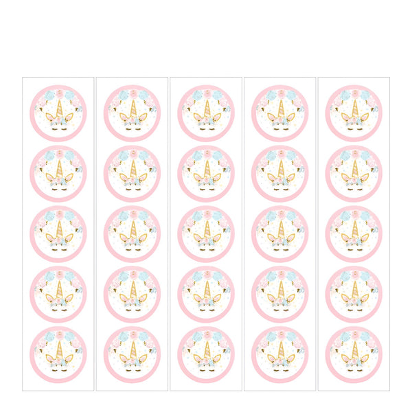 Feuille d'étiquettes rondes avec motif de tête de licorne dorée et fleurs roses et bleues sur fond blanc, bordure rose. Idéal pour décorer des cadeaux ou des gâteaux., 45501361422591 | Licorne Shop