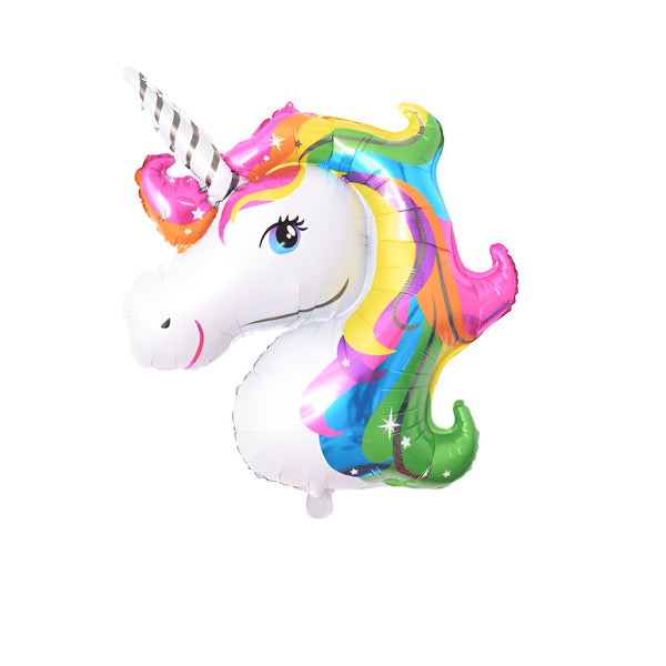 Ballon en forme de tête de licorne, crinière multicolore (jaune, orange, bleu, rose, vert), corne blanche rayée, sur fond blanc. Idéal pour une fête d'anniversaire féérique., 45501107536127 | Licorne Shop