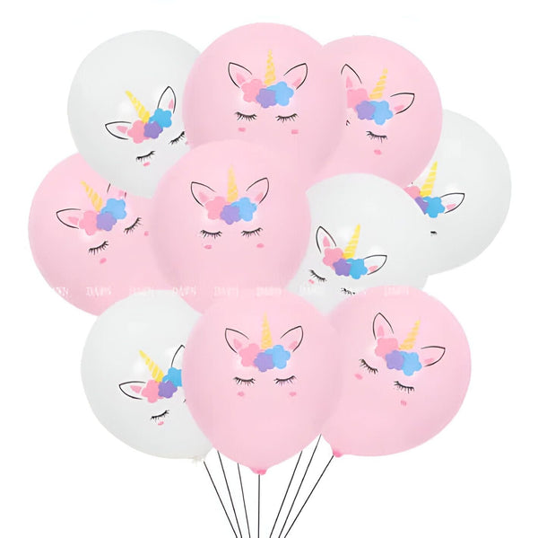 Ballons roses et blancs décorés de visages de licornes avec des cornes dorées et des couronnes de fleurs colorées. Idéal pour une fête d'anniversaire féerique., 45501109305599 | Licorne Shop