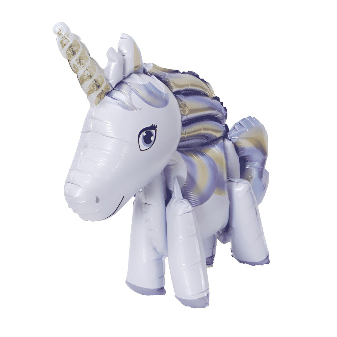 Ballon en forme de licorne debout, blanc et doré. Décoration festive pour anniversaire ou événement sur le thème des contes de fées. Jouet gonflable., 45501108781311 | Licorne Shop