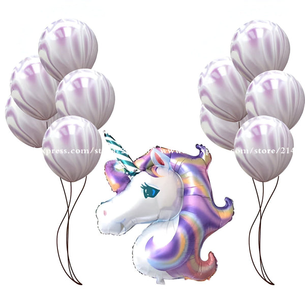 Ballons décoratifs pour une fête d'anniversaire : ballons marbrés violets et un ballon en forme de tête de licorne aux couleurs arc-en-ciel. Décoration festive pour enfants., 45501110518015 | Licorne Shop
