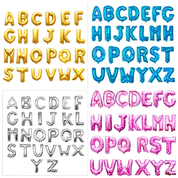 Ballons alphabet gonflables en or, bleu, argenté et rose. Ballons de fête pour anniversaires et événements. L'alphabet complet en ballons décoratifs., 45501104226559 | Licorne Shop