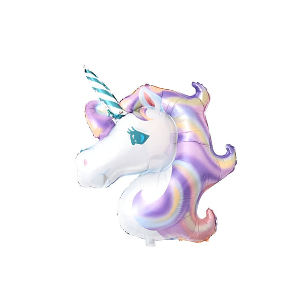 Ballon en forme de tête de licorne avec une crinière colorée arc-en-ciel (violet, jaune, rose) et une corne rayée turquoise et blanche. Décoration festive pour une fête d'anniversaire enfant., 45501110026495 | Licorne Shop