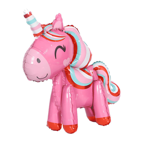 Ballon gonflable en forme de licorne rose debout. La licorne a une crinière et une queue rayées, une corne rayée et des détails dessinés sur le visage., 45501109600511 | Licorne Shop