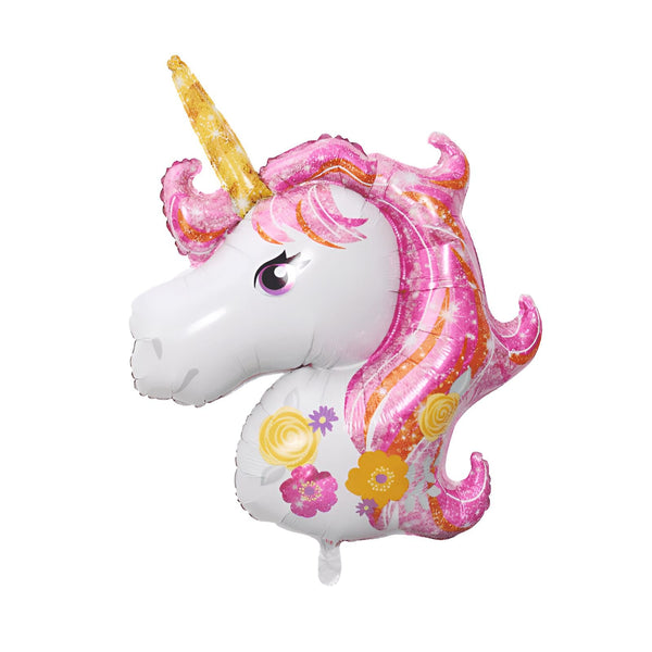 Ballon en forme de tête de licorne blanche avec une crinière rose, une corne dorée et des motifs floraux. Décoration festive, idéal pour une fête d'anniversaire ou un événement spécial., 45501111599359 | Licorne Shop