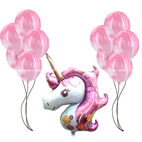 Ballons roses marbrés et ballon en forme de licorne. Décoration festive pour anniversaire, fête d'enfants ou événement spécial. Thème féérique et magique., 45501108355327 | Licorne Shop