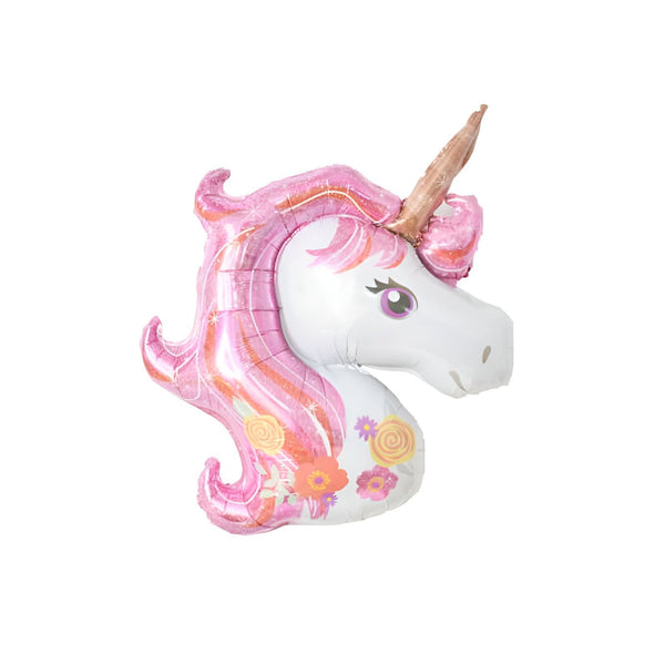 Ballon en forme de tête de licorne, crinière rose et fleurs décoratives. Idéal pour une fête d'anniversaire magique et féerique. Décoration festive et joyeuse., 45501106880767 | Licorne Shop
