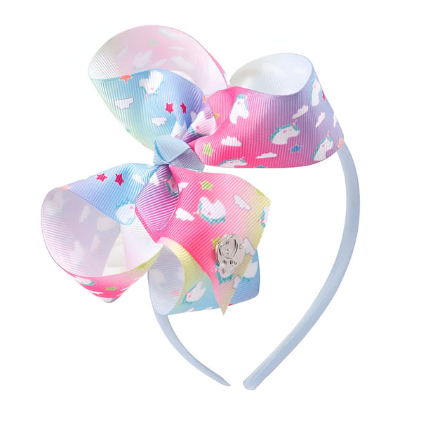Serre-tête pour enfant avec un grand nœud en ruban multicolore à motifs d'étoiles et de licornes. Accessoire de mode pour les filles., 45501375283455 | Licorne Shop