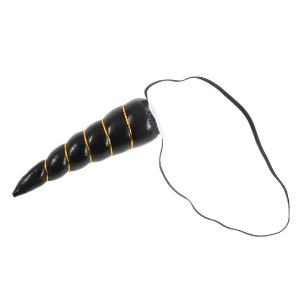 Corne de licorne noire à rayures dorées avec élastique. Accessoire de déguisement, décoration festive, thème mythique. Style réaliste, texture brillante. Idéal pour Halloween, carnaval ou fête costumée., 45501332357375 | Licorne Shop