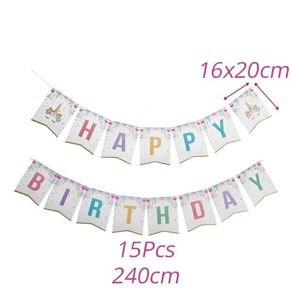 Guirlande d'anniversaire "Happy Birthday" avec motifs licorne. Décoration festive pour fête d'enfant, longueur 240cm, 15 pièces. Idéale pour célébrer un anniversaire sur le thème de la licorne. Dimensions 16x20cm par fanion., 45501356278015 | Licorne Shop