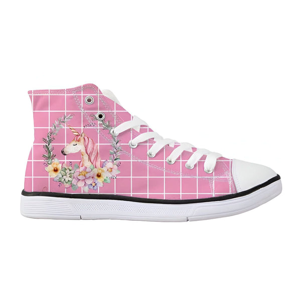 Basket montante rose à carreaux avec un motif de licorne dans une couronne de fleurs. Chaussures de sport fantaisie pour enfants., 45502167318783,45502167351551,45502167384319,45502167417087,45502167449855,45502167482623,45502167515391,45502167548159,45502167580927 | Licorne Shop