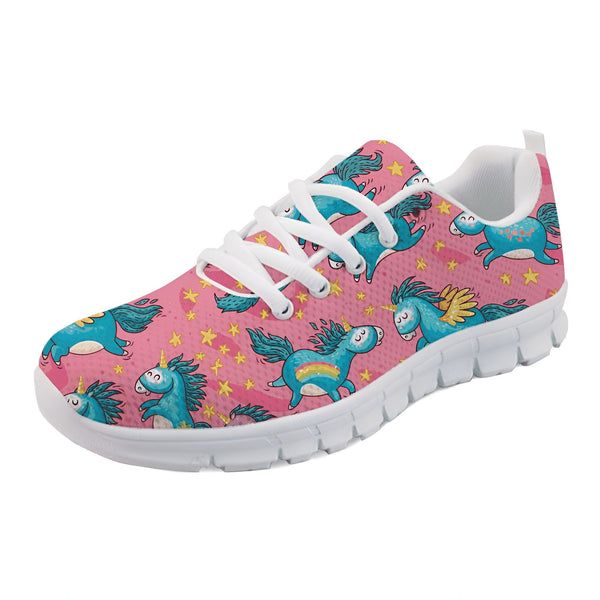 Chaussure de course rose pour enfants avec des motifs d'unicorne bleus et des étoiles jaunes., 45502293541119,45502293573887,45502293606655,45502293639423,45502293672191,45502293704959,45502293737727,45502293770495,45502293803263 | Licorne Shop