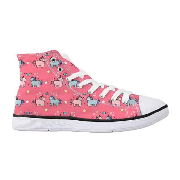 Chaussure montante rose avec motifs d'unicorns et d'étoiles, lacets blancs et semelle blanche., 45502286495999,45502286528767,45502286561535,45502286594303,45502286627071,45502286659839,45502286692607,45502286725375,45502286758143 | Licorne Shop