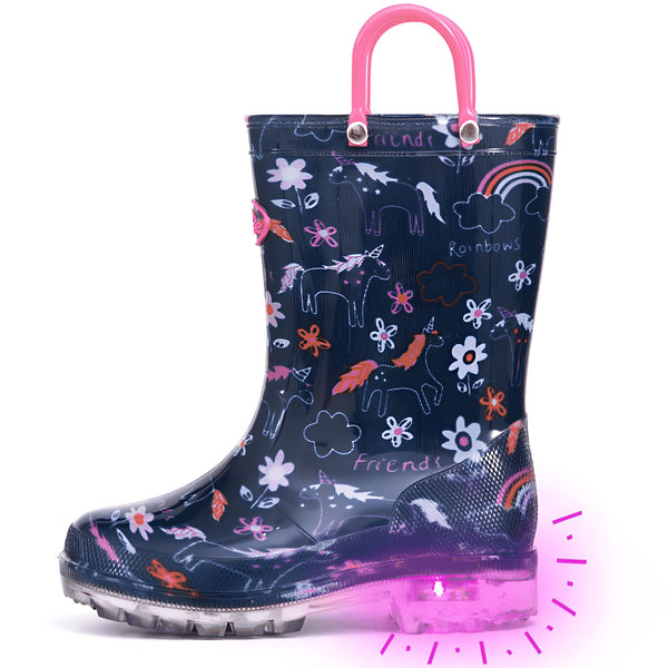 Botte de pluie enfant marine à motifs licornes et fleurs, avec poignée rose et semelle lumineuse., 45501103767807,45501103800575,45501103833343,45501103866111,45501103898879,45501103931647,45501103964415,45501103997183,45501104029951 | Licorne Shop