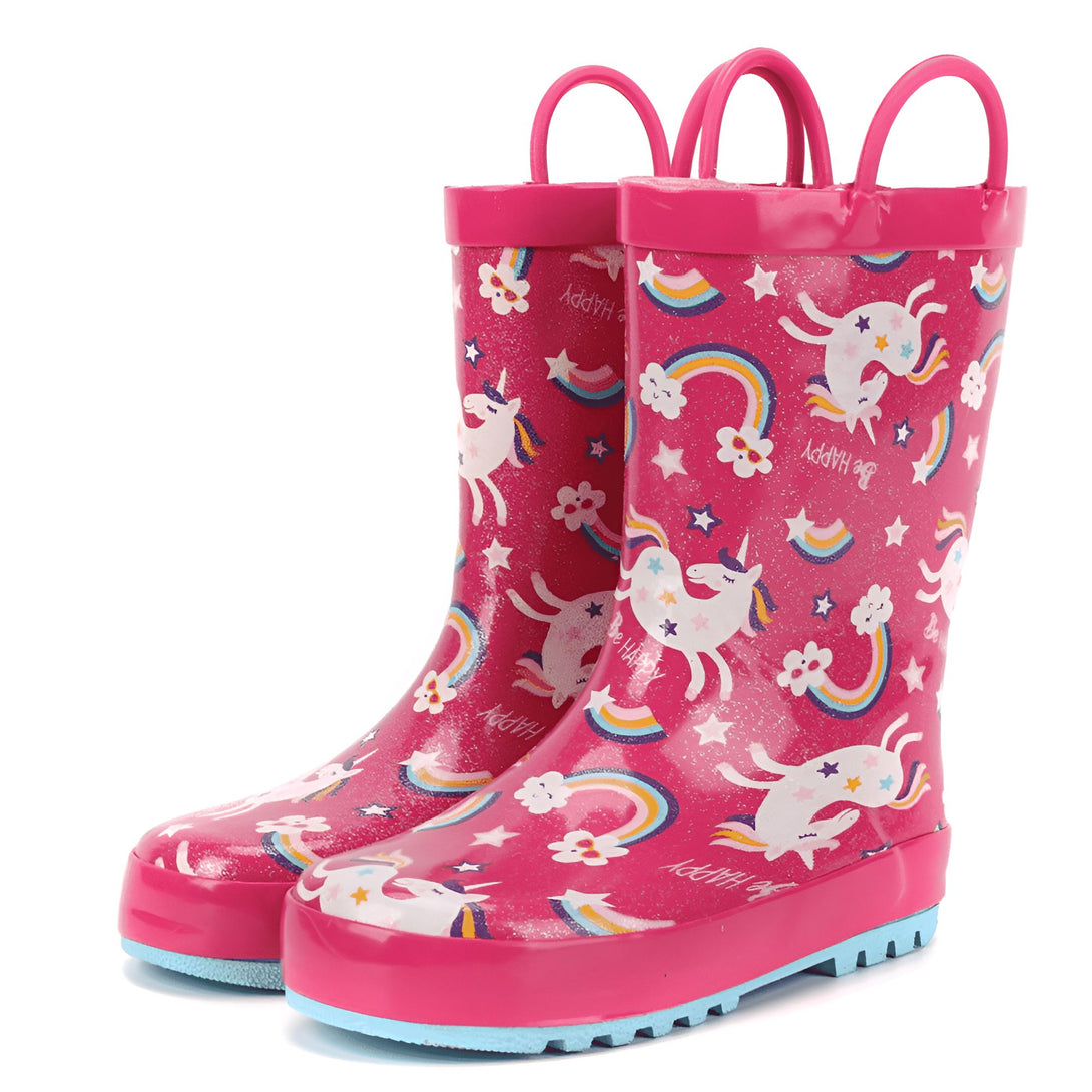 Paire de bottes de pluie roses pour enfants, ornées de motifs d'licornes, d'arcs-en-ciel et d'étoiles. Bottes en caoutchouc avec poignées sur le dessus, parfaites pour les jours de pluie., 45501095444735,45501095477503,45501095510271,45501095543039,45501095575807,45501095608575,45501095641343,45501095674111,45501095706879 | Licorne Shop