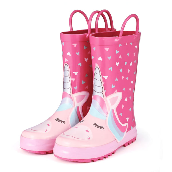 Paire de bottes de pluie roses pour enfants, motif licorne et coeurs. Bottes en caoutchouc avec poignées pour une utilisation facile. Idéales pour les jours de pluie., 45501217079551,45501217112319,45501217145087,45501217177855,45501217210623,45501217243391,45501217276159,45501217308927,45501217341695 | Licorne Shop