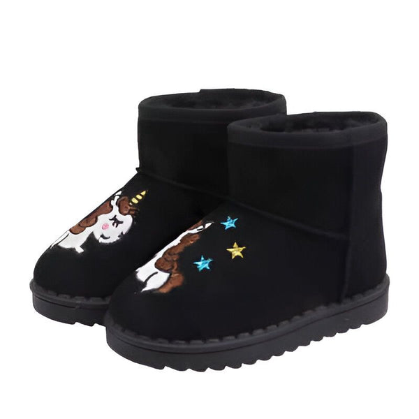 Paire de bottes d'hiver noires pour enfants, décorées avec des motifs d'licorne et d'étoiles colorées. Chaussures confortables et mignonnes pour la saison froide., 45501092954367,45501092987135,45501093019903,45501093052671,45501093085439,45501093118207,45501093150975,45501093183743,45501093216511 | Licorne Shop