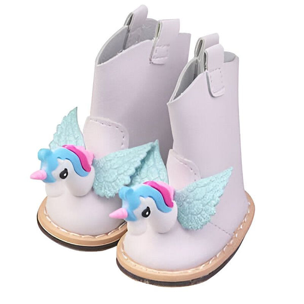 Paire de bottines blanches pour bébé, décorées de licornes ailées bleues et roses. Chaussures mignonnes pour petites filles. Mode enfantine et fantaisie., 45501220520191,45501220552959,45501220585727,45501220618495,45501220651263,45501220684031,45501220716799,45501220749567,45501220782335 | Licorne Shop