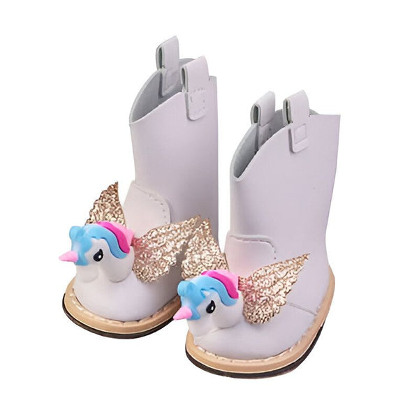 Paire de bottes blanches pour enfants, ornées d'une figure d'unicorne bleu et rose avec des ailes dorées scintillantes. Idéal pour les jeunes enfants ou les tout-petits. Chaussures fantaisie pour enfants., 45501093282047,45501093314815,45501093347583,45501093380351,45501093413119,45501093445887,45501093478655,45501093511423,45501093544191 | Licorne Shop