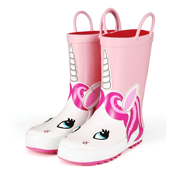 Paire de bottes de pluie roses pour enfant, décorées avec un motif de licorne blanche et rose. Les bottes ont des poignées roses pour faciliter l'enfilage., 45501098721535,45501098754303,45501098787071,45501098819839,45501098852607,45501098885375,45501098918143,45501098950911,45501098983679 | Licorne Shop