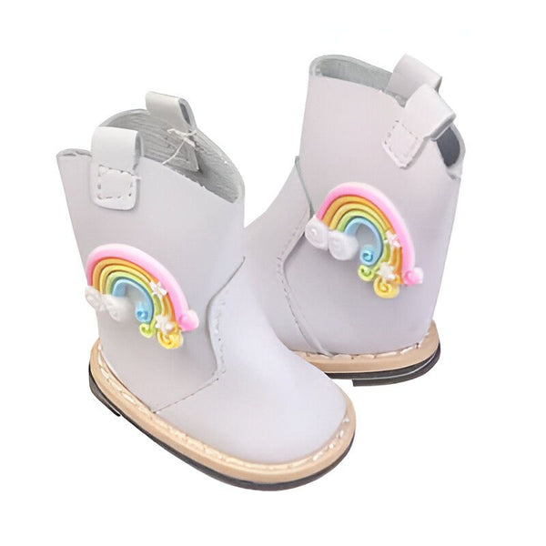 Deux bottines blanches pour bébé décorées d'un arc-en-ciel coloré. Chaussures adorables pour les premiers pas., 45501094789375,45501094822143,45501094854911,45501094887679,45501094920447,45501094953215,45501094985983,45501095018751,45501095051519 | Licorne Shop