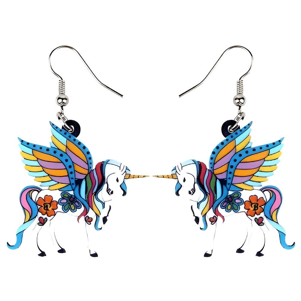 Boucles d'oreilles en forme de licorne avec des ailes colorées et des fleurs.