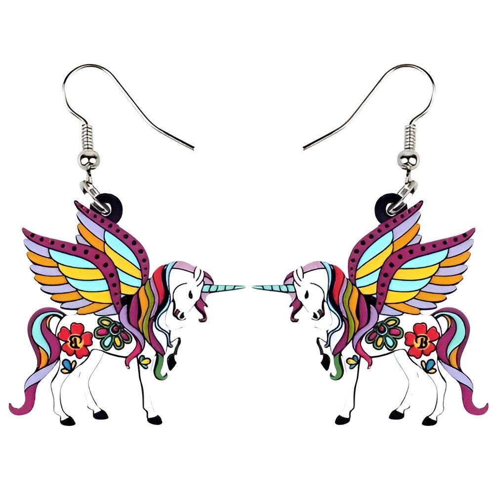 Boucles d'oreilles en forme de licorne avec des ailes colorées et des fleurs.