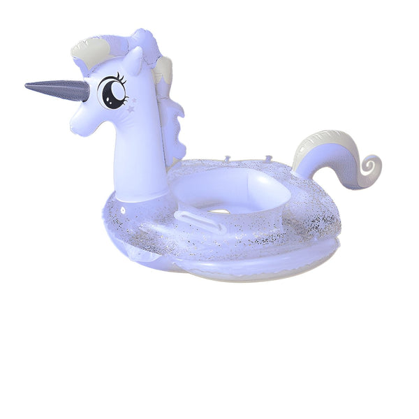 Bouée gonflable pour piscine en forme de licorne blanche irisée avec crinière blonde, corne grise et queue enroulée. Parfait pour flotter avec style à la plage ou à la piscine. Accessoire d'été amusant et original., 45501228417279 | Licorne Shop