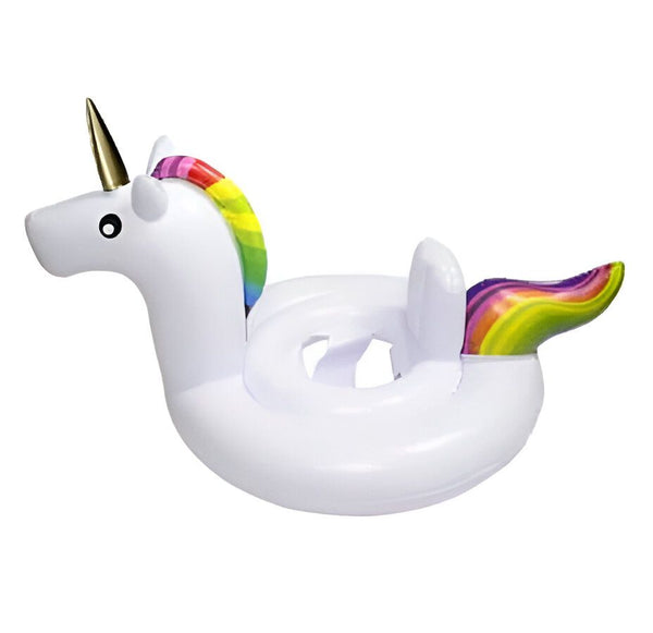 Bouée gonflable licorne blanche avec crinière et queue arc-en-ciel, corne dorée. Accessoire de piscine pour enfant, jouet d'été aquatique amusant et coloré., 45501228613887 | Licorne Shop