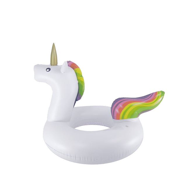 Bouée gonflable en forme de licorne blanche avec crinière et queue arc-en-ciel et corne dorée. Idéal pour piscine ou plage., 45501245391103 | Licorne Shop