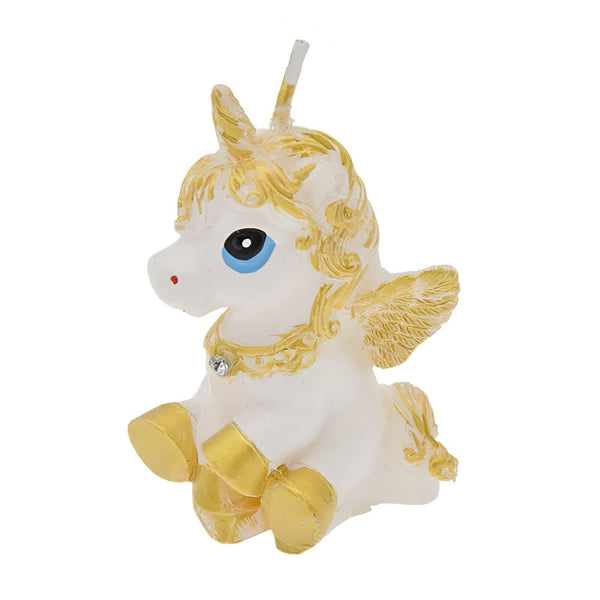 Bougie décorative en forme de licorne blanche et dorée. Petite bougie anniversaire originale pour les fans de créatures mythiques. Décoration fantaisie pour gâteau., 45501141418239 | Licorne Shop