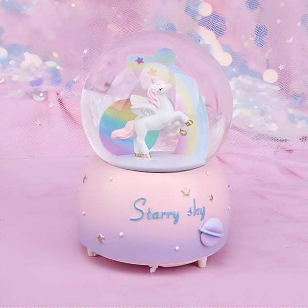 Boule à neige avec licorne et arc-en-ciel à l'intérieur, socle rose et violet avec l'inscription "Starry Sky". Décoration féérique et enfantine., 45501134078207 | Licorne Shop
