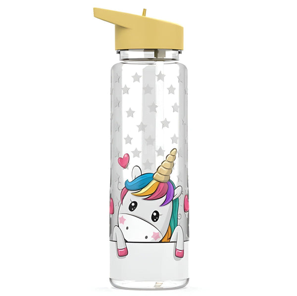 Bouteille d'eau réutilisable transparente avec un bouchon jaune. Motif d'étoiles et d'un mignon licorne avec crinière arc-en-ciel et cœur. Idéale pour l'école ou le sport., 45501177823487 | Licorne Shop