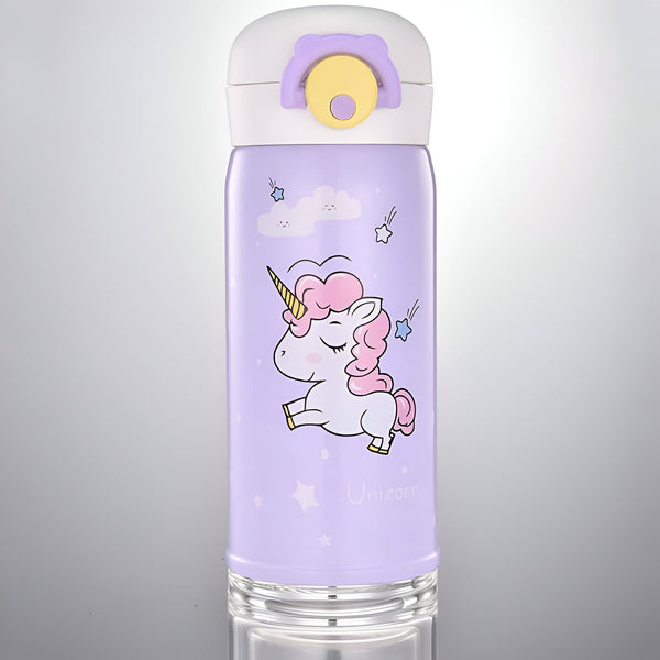 Gourde en acier inoxydable lilas avec un dessin de licorne rose et blanche, idéale pour les enfants. Son couvercle est blanc avec un bouton jaune et un détail lilas., 45501176185087 | Licorne Shop