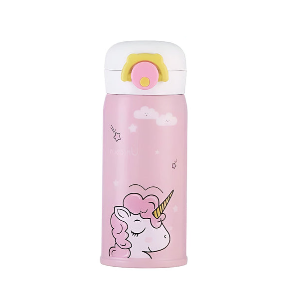 Thermos rose avec un dessin de licorne endormie, des étoiles et des nuages. Bouchon blanc et jaune. Idéal pour les enfants ou les amateurs de licornes., 45501173203199 | Licorne Shop