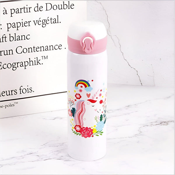 Gourde blanche avec motif licorne et arc-en-ciel, bouchon rose et blanc. Idéale pour l'hydratation quotidienne. Design mignon et pratique. Accessoire tendance pour les enfants et les adultes., 45501177921791 | Licorne Shop