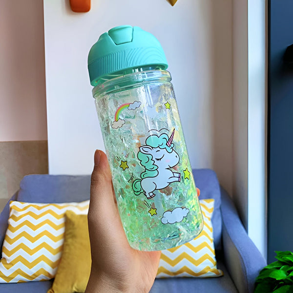 Bouteille d'eau avec motif de licorne et bouchon bleu turquoise. L'intérieur est rempli de petites étoiles scintillantes. Idéale pour les enfants et les fans de licornes., 45501171597567 | Licorne Shop