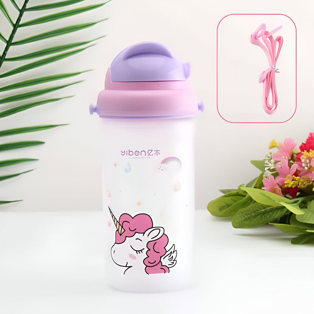 Gourde pour enfants rose et violet avec licorne, idéale pour l'école ou les activités sportives. Sangle de transport rose incluse., 45501173629183 | Licorne Shop