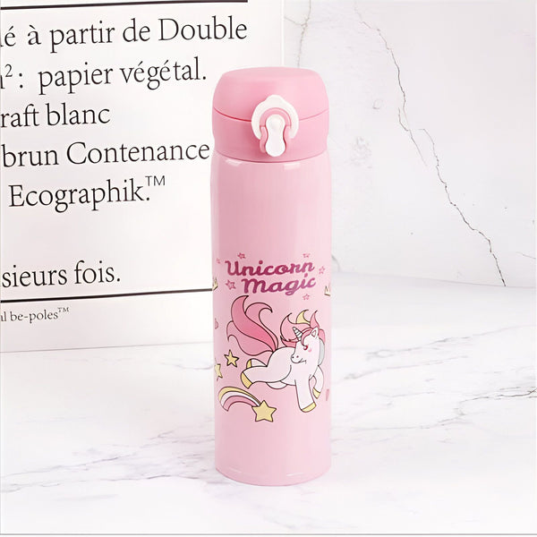 Gourde isotherme rose avec un motif de licorne et l'inscription "Unicorn Magic". Accessoire pour enfants, idéal pour l'école ou les sorties., 45501172220159 | Licorne Shop