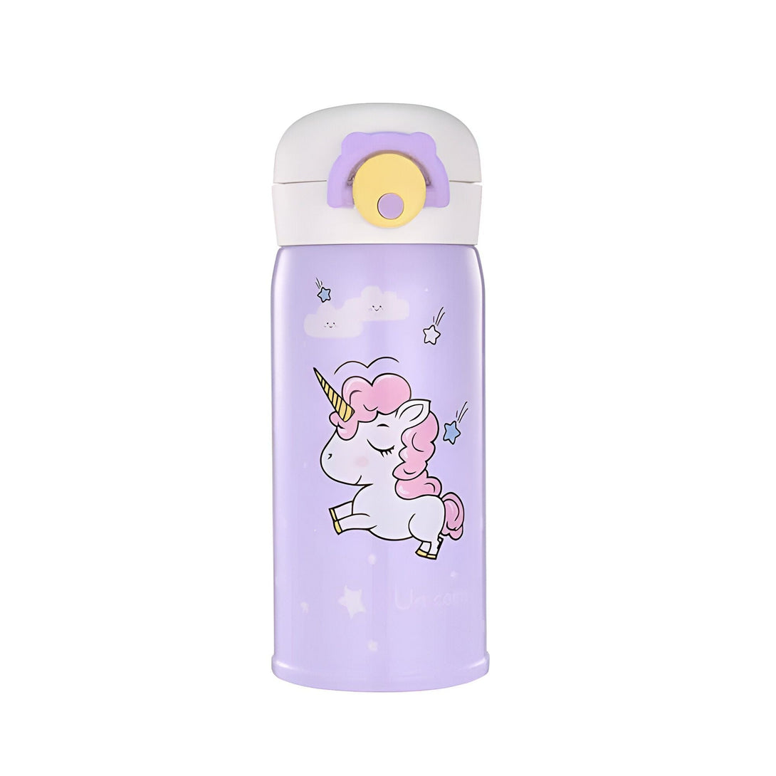 Gourde thermos pour enfants avec un dessin de licorne rose sur fond lilas, bouchon blanc et jaune. Idéale pour l'école ou les sorties. Garde les boissons chaudes ou froides., 45501174284543 | Licorne Shop