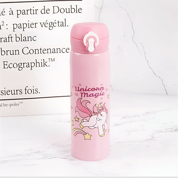 Gourde rose isotherme avec un motif de licorne entourée d'étoiles et l'inscription « Unicorn Magic ». Idéale pour les enfants et les amateurs de contes de fées., 45501171925247 | Licorne Shop