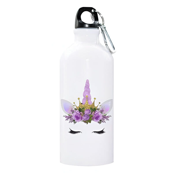 Gourde blanche avec motif licorne ornée de fleurs et d'une couronne. Bouteille d'eau réutilisable avec illustration fantaisiste. Accessoire hydratation tendance et écologique., 45501176381695 | Licorne Shop