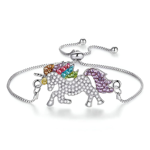 Bracelet licorne argenté orné de strass multicolores, bijou fantaisie pour femme et fille., 45501371646207 | Licorne Shop