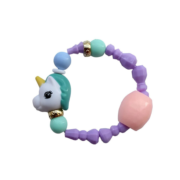 Bracelet enfant avec motif licorne blanche, crinière turquoise et corne dorée. Il est orné de perles colorées : bleues, vertes, roses et violettes. Bijou fantaisie pour petites filles., 45501542007039 | Licorne Shop
