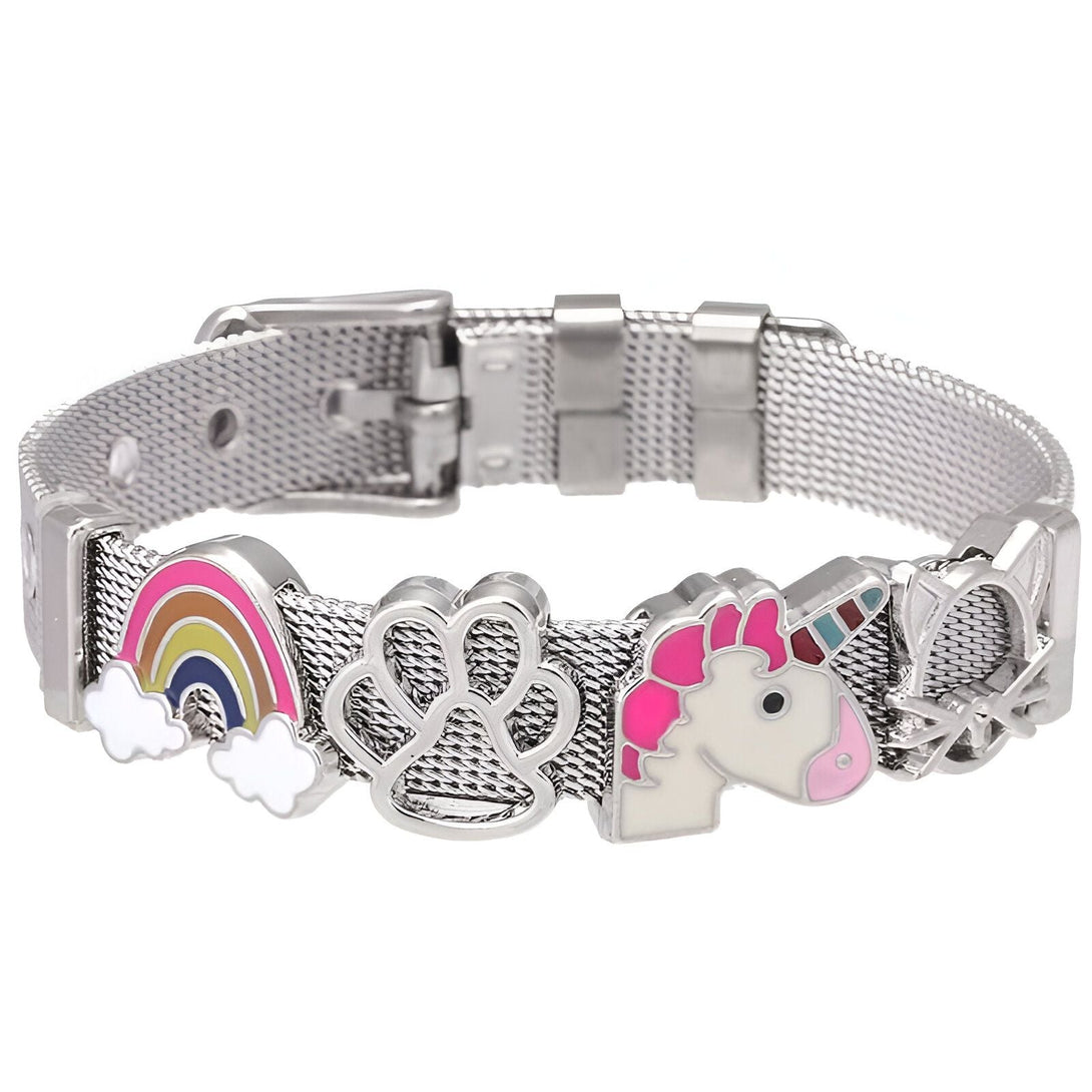 Bracelet en métal argenté pour enfants avec des breloques : arc-en-ciel, patte d'animal, licorne et chat. Accessoire de mode fantaisie pour filles. Bijou pour enfants avec des motifs amusants., 45501399662847 | Licorne Shop