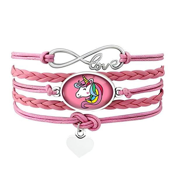 Bracelet multicouche rose avec pendentif licorne, symbole infini "Love" et cœur. Accessoire de mode fantaisie pour filles et femmes. Bijou tendance, cadeau original., 45501372268799 | Licorne Shop