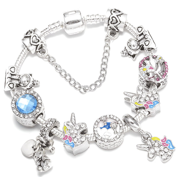 Bracelet de charme argenté avec pendentifs variés : licornes, ours, cœur, pierre bleue. Bijou fantaisie, style Pandora, pour femme ou enfant. Idéal pour un cadeau personnalisé., 45501399531775 | Licorne Shop